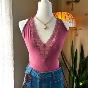Express Deep V Lace Bodysuit in Mauve